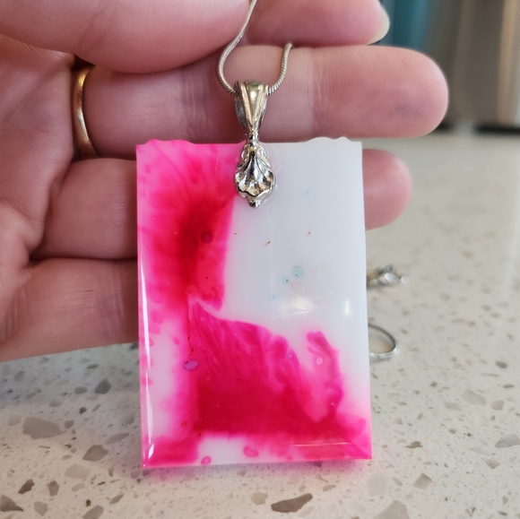 Handmade The Dev*l Tarot Card Pink and White Tie Dye Effect Pendant Necklace - Picture 6 of 7